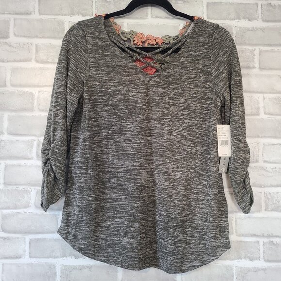 Absolutely Famous Lace Inset Olive Gray Long Sleeve Shirt Top Small NWT - Picture 2 of 10